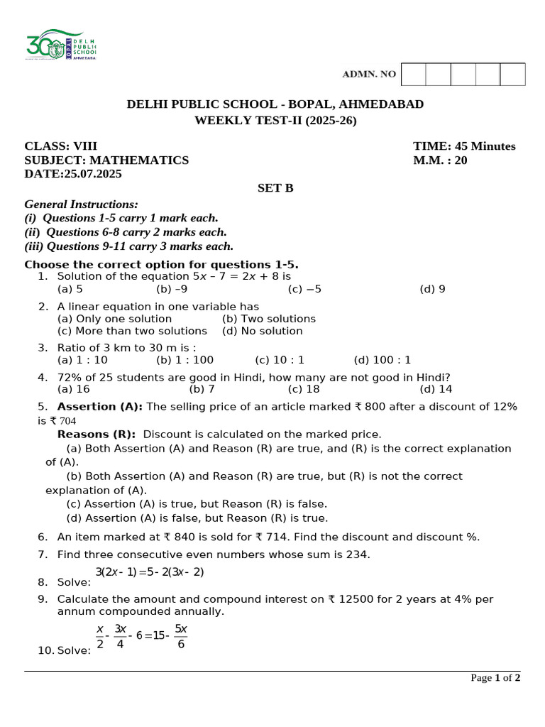 Wt 1 Class 8 25-26 Set A | PDF