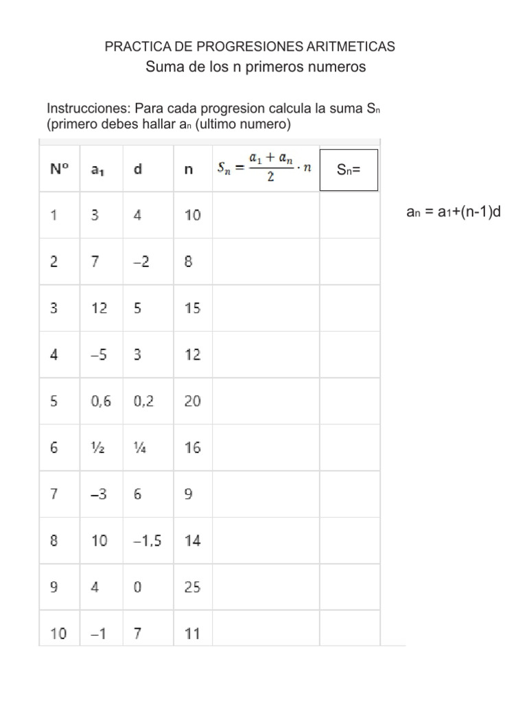 Progresiones Aritmeticas Prac - Suma | PDF
