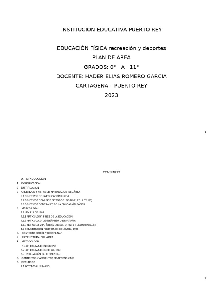 Plan de Area Ed. Física - Iepr - 2023 | PDF | Deportes | Educación primaria