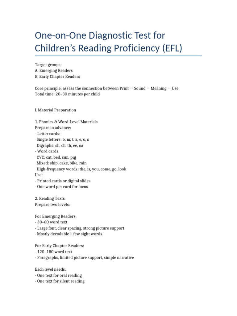 Diagnostic Test Reading EFL | PDF | Phonics | Reading Comprehension