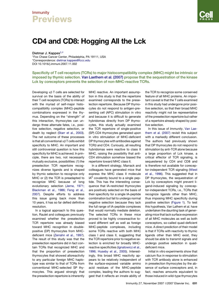 CD4 and CD8 Hogging All the Lck Immuni | PDF | T Cell | Major ...