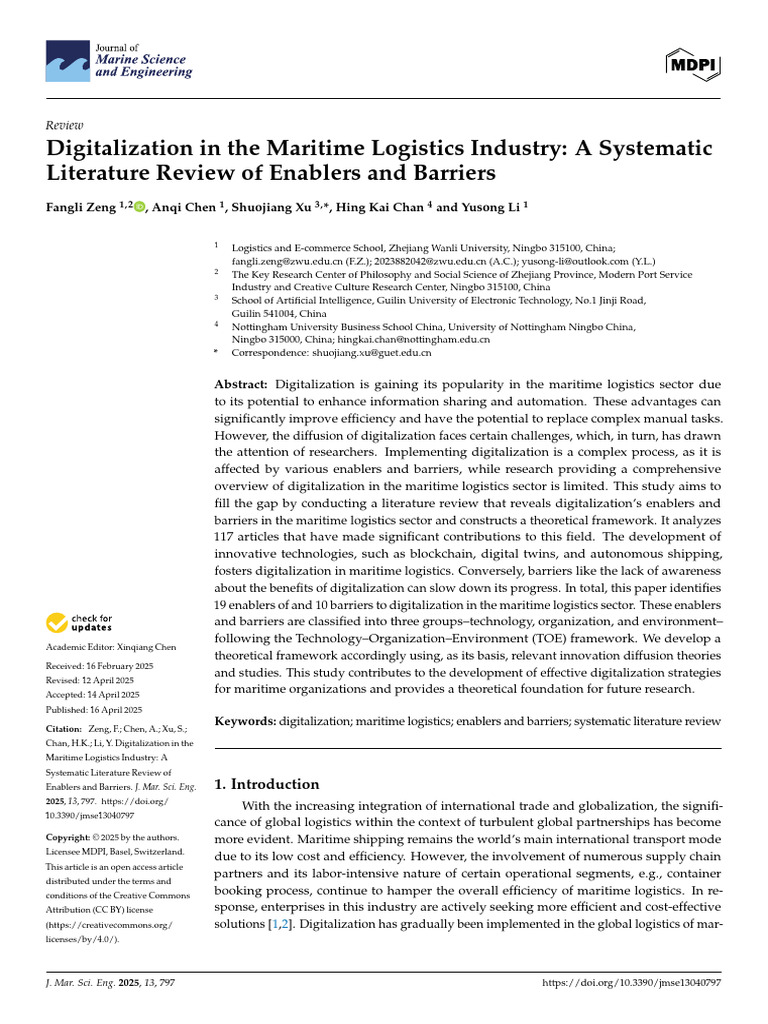 Digitalization in the Maritime Logistics Industry a Systematic ...