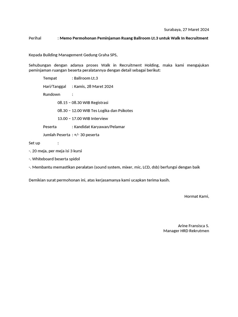 (Draft) Memo Peminjaman Ruang Ballroom | PDF