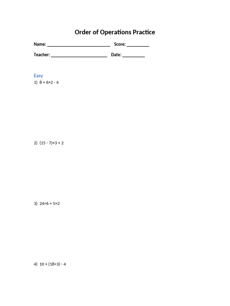 Order of Operations Student Version 3 | PDF