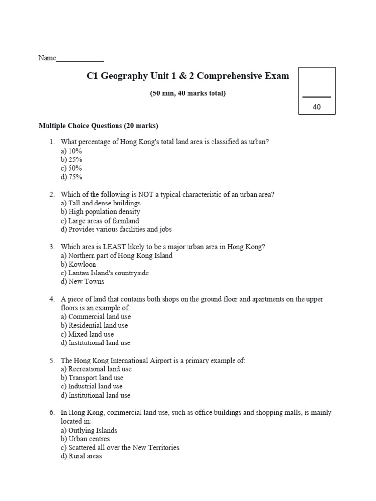 c1 Unit 1&2 Practice Exam | PDF | Hong Kong | Urban Planning
