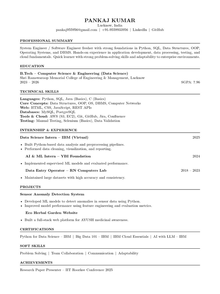 Pankaj Kumar - System Engineer | PDF