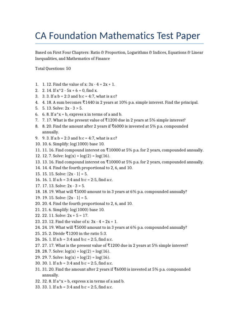 CA Foundation Maths Test Paper | PDF | Logarithm | Compound Interest
