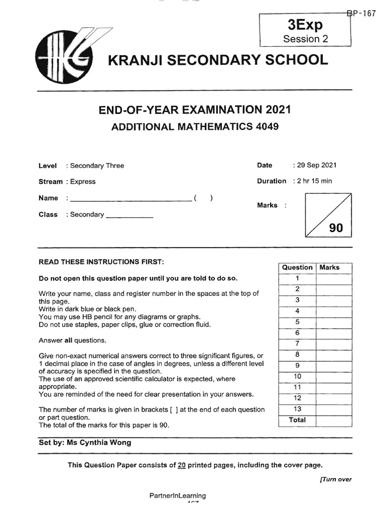 A-Math - Sec 3 - SA 2 - 2021 - Kranji Sec | PDF