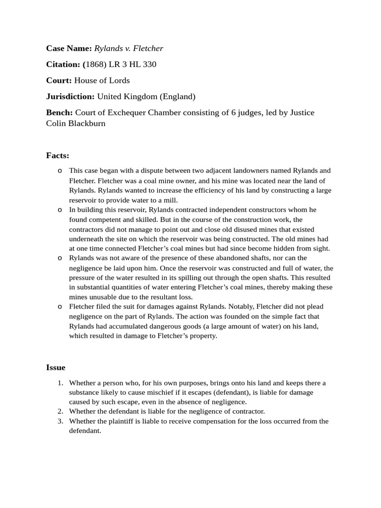 Rylands V Fletcher TASK 2 MUDIT | PDF | Tort | Negligence