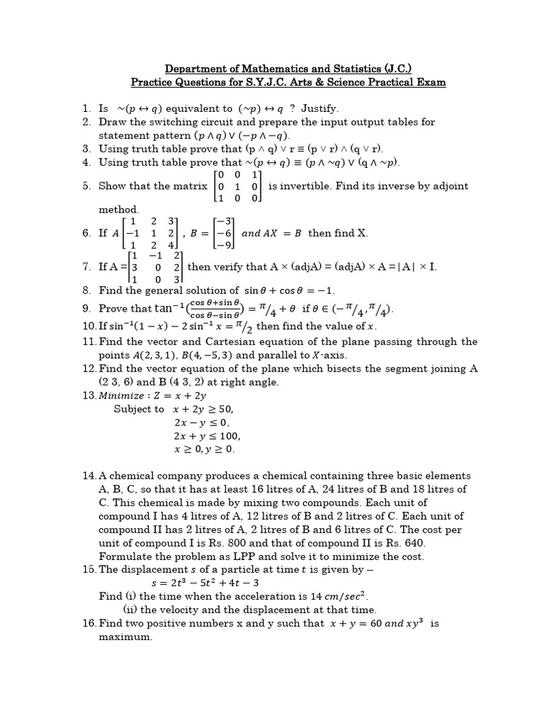 Maths Arts Sci Practice Questions Practical Examination | PDF ...