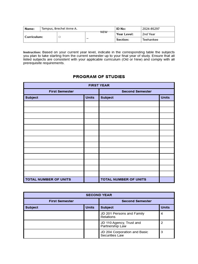 Tampus COL Program of Studies Form | PDF | Juris Doctor | Sharia