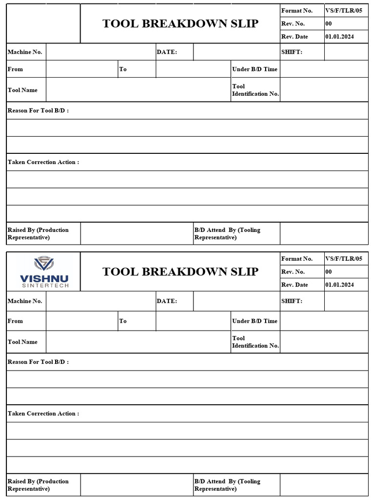 Vs-f-tlr-05 Tool Break Down Slip | PDF