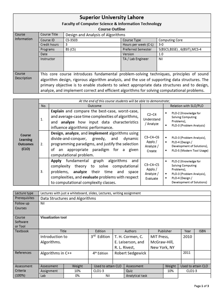 Design and Analysis of Algorithms Courseoutline - Updated | PDF ...