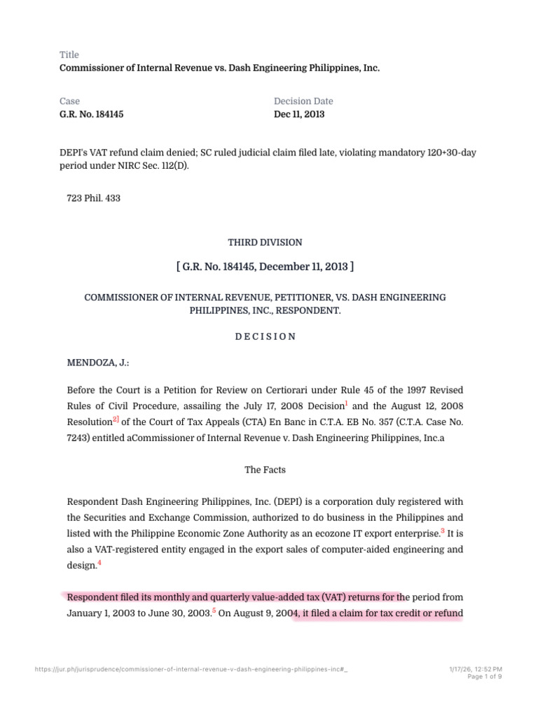 G.R. No. 184145 - Commissioner of Internal Revenue vs. Dash Engineering ...