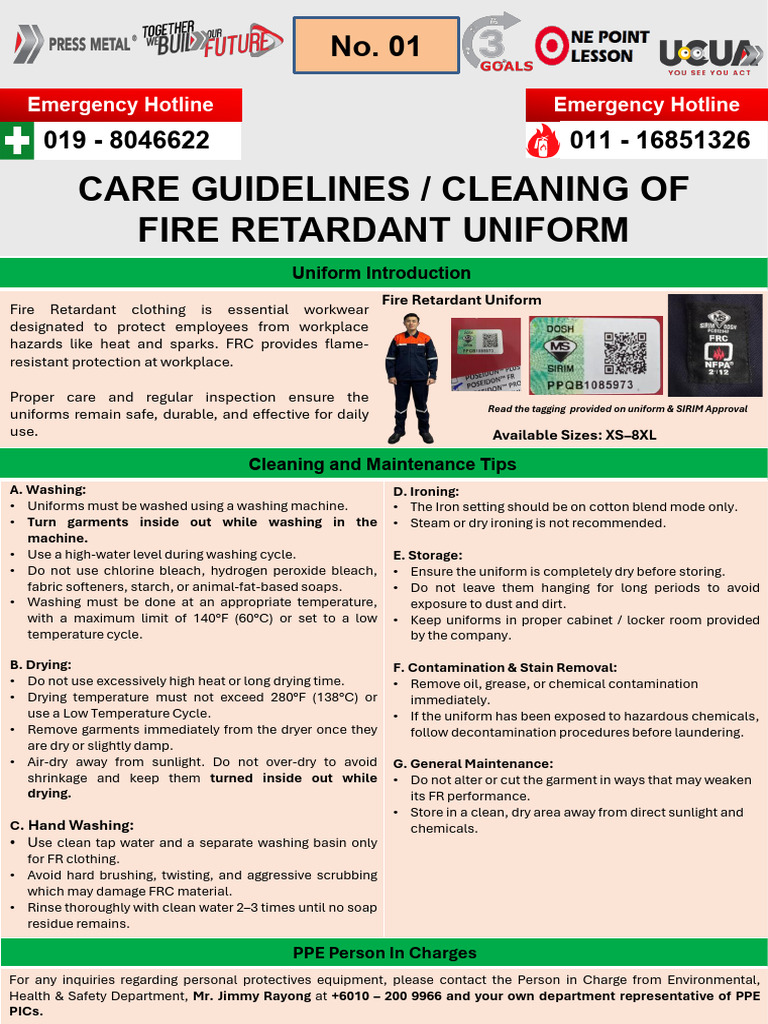 OPL No.01 Care Guidelines, Cleaning of Fire Retardant Uniform | PDF ...