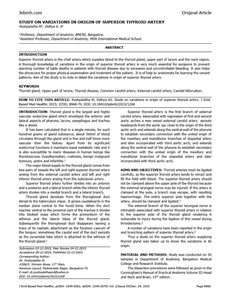 Study On Variations in Origin of Superior Thyroid Artery PDF | PDF ...
