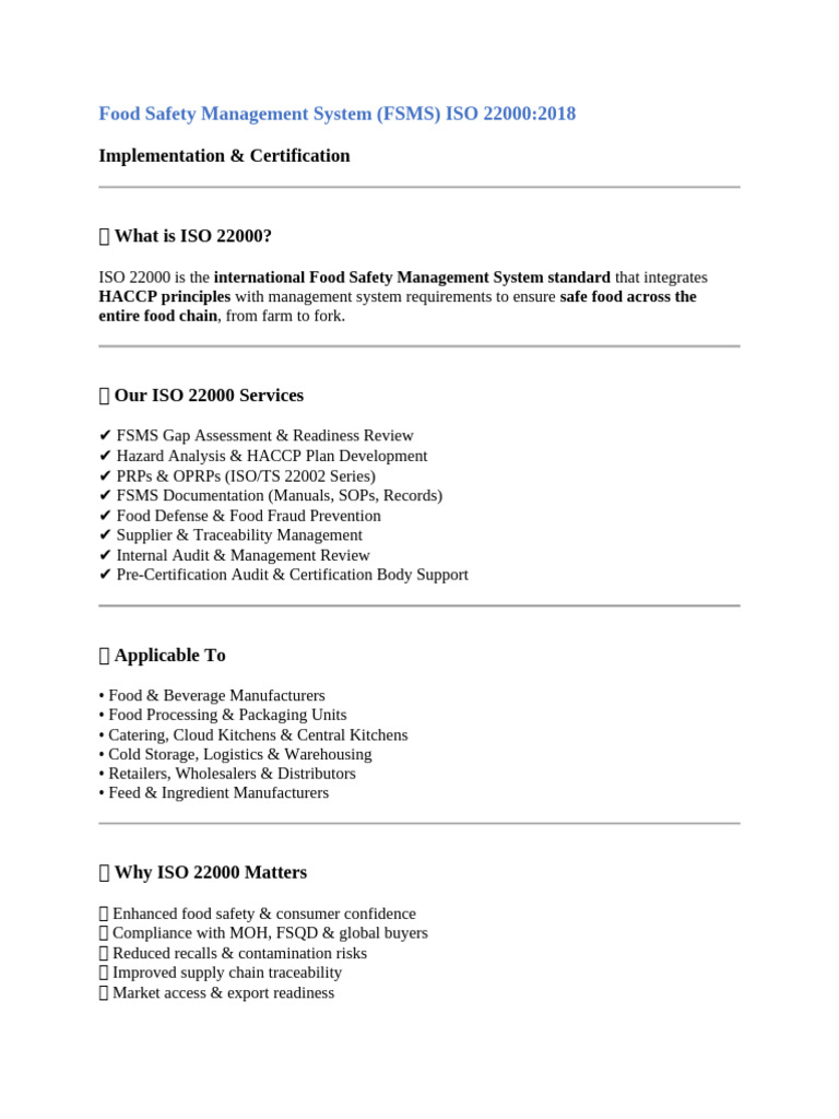 Food Safety Management System ISO 22000 2018 | PDF