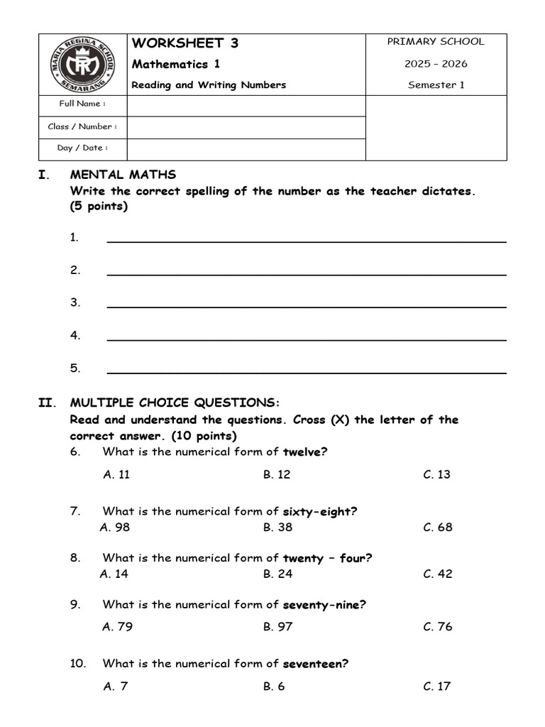 WORKSHEET 3 (Math 1) - Reading and Writing Numbers | PDF | Chess ...