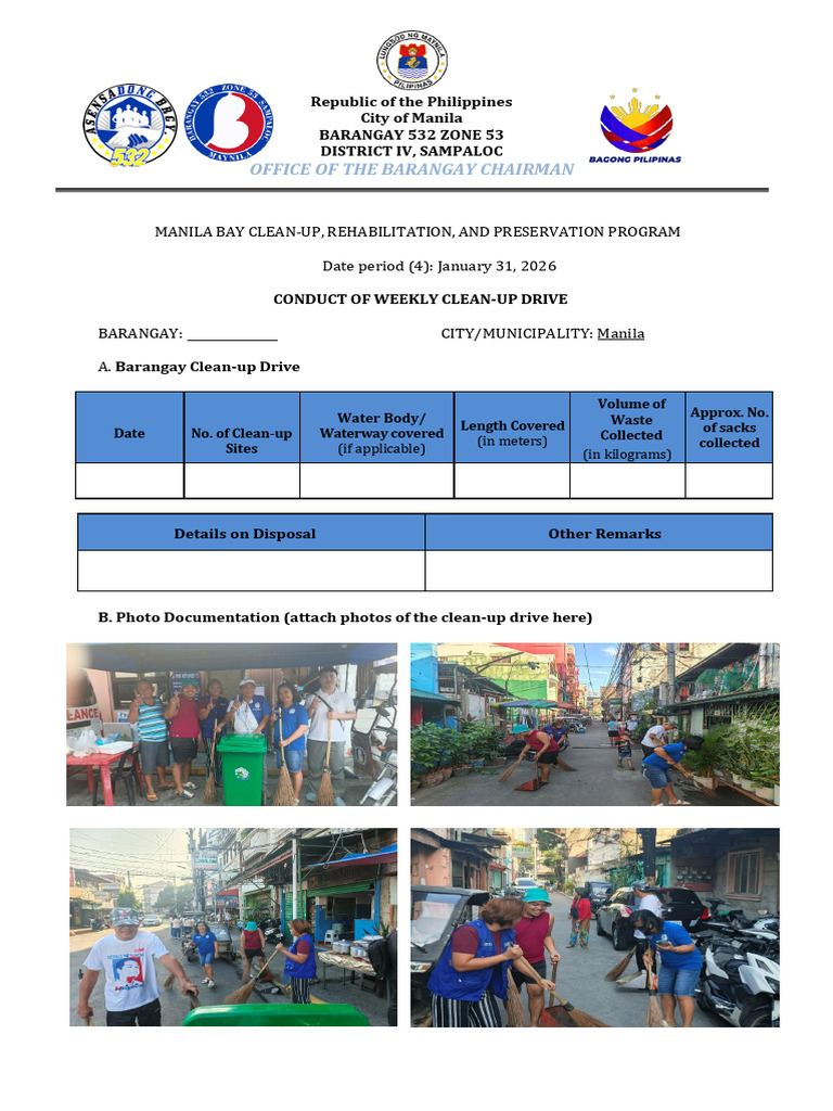 Barangay Weekly Clean Up Report Template - Docx JAN 31 2026 | PDF