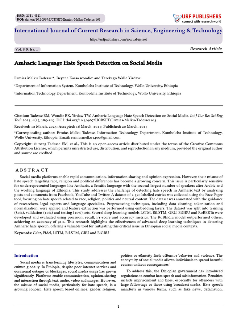 Amharic Language Hate Speech Detection On Social Media | PDF | Deep ...
