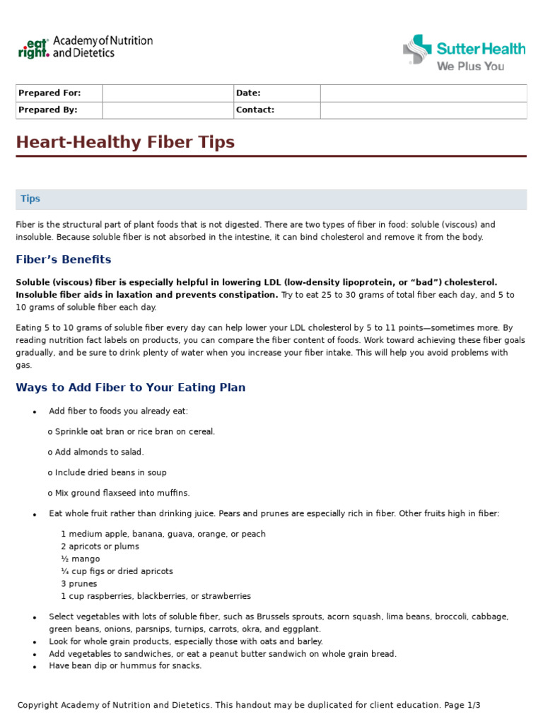 Heart Healthy Fiber Tips - AND | PDF | Dietary Fiber | Diet & Nutrition