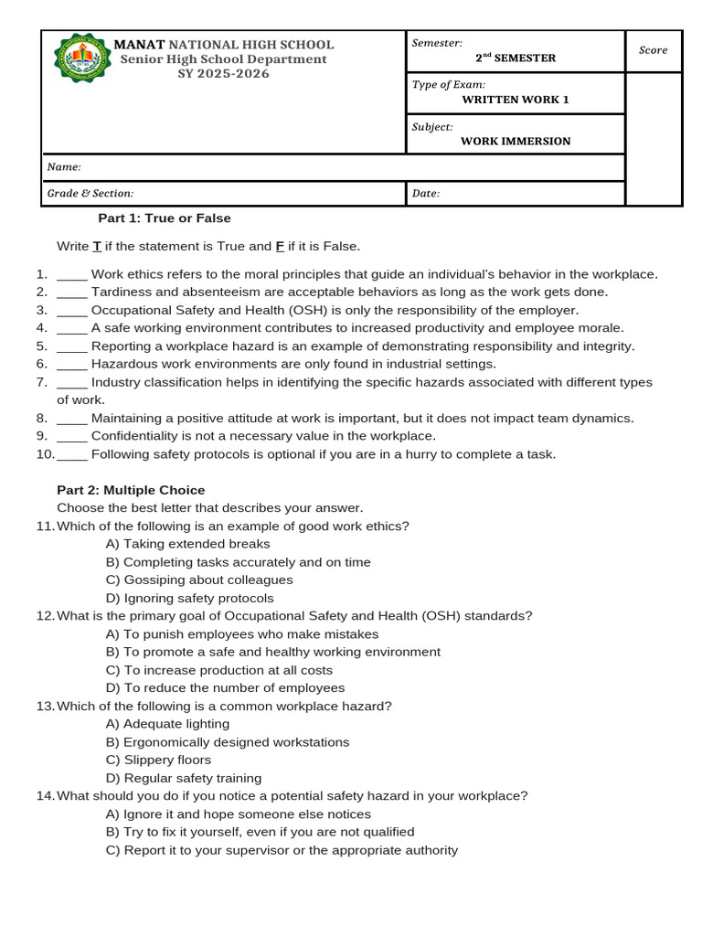 Work Immersion WRITTEN WORK 1 | PDF | Occupational Safety And Health ...