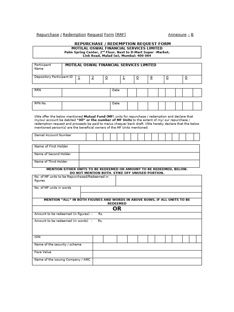 MF - Repurchase - Redemption Form - CDSL | PDF | Investing | Banking