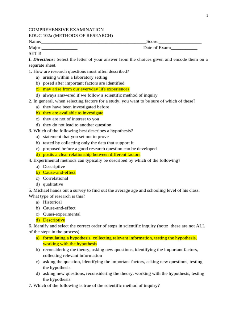 SET B - Methods of Research | PDF | Hypothesis | Qualitative Research