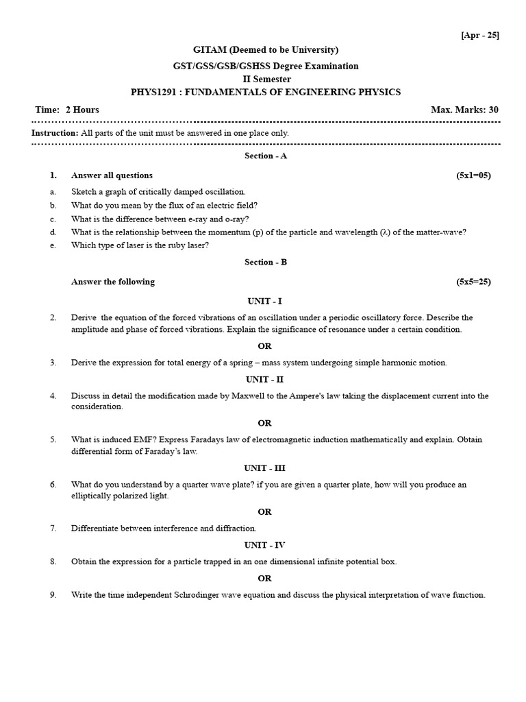 Phys1291 Fundamentals of Engineering Physics | PDF | Oscillation | Waves