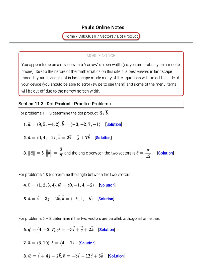 Calculus II - Dot Product (Practice Problems) | PDF | Geometry
