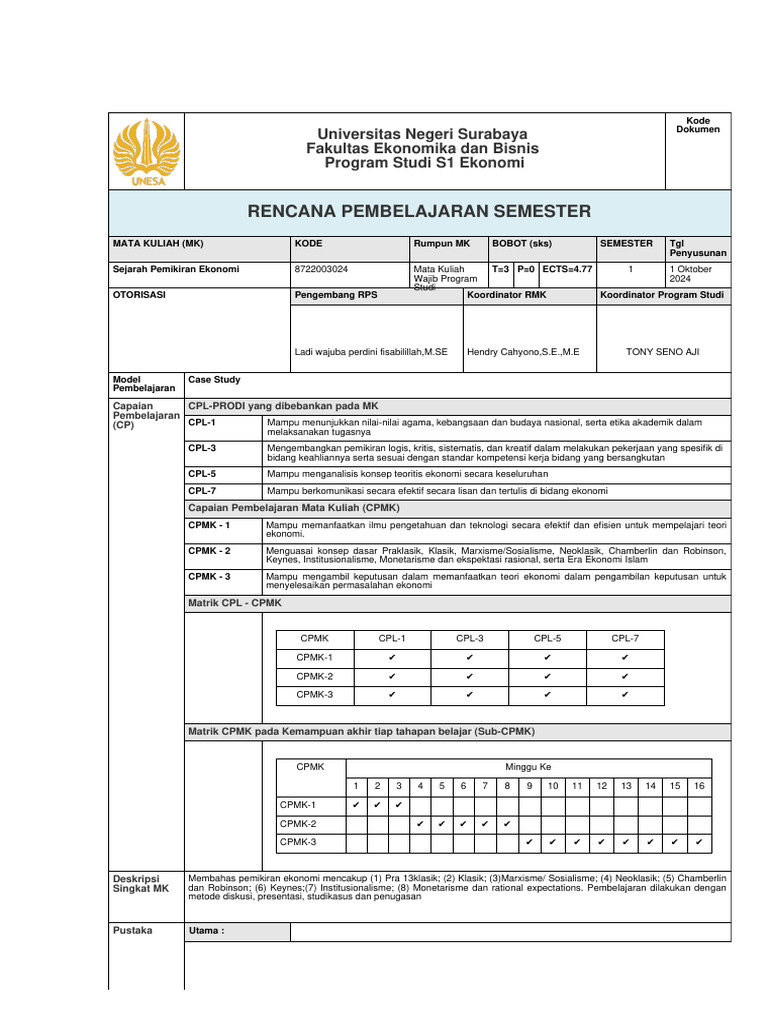 RPS OBE Sejarah Pemikiran Ekonomi | PDF