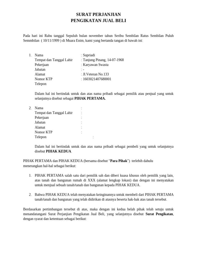 Surat Perjanjian Pengikatan Jual Beli Atau PPJB | PDF