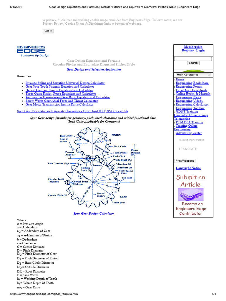 Gear Design Equations and Formula - Circular Pitches and Equivalent ...
