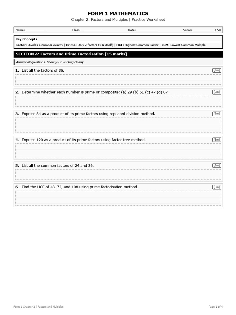Form 1 Mathematics - Chapter 2 - Factors and Multiples | PDF ...