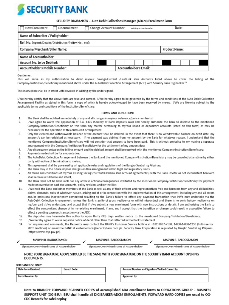 Auto Debit Form - Security Bank | PDF | Banks | Financial Services