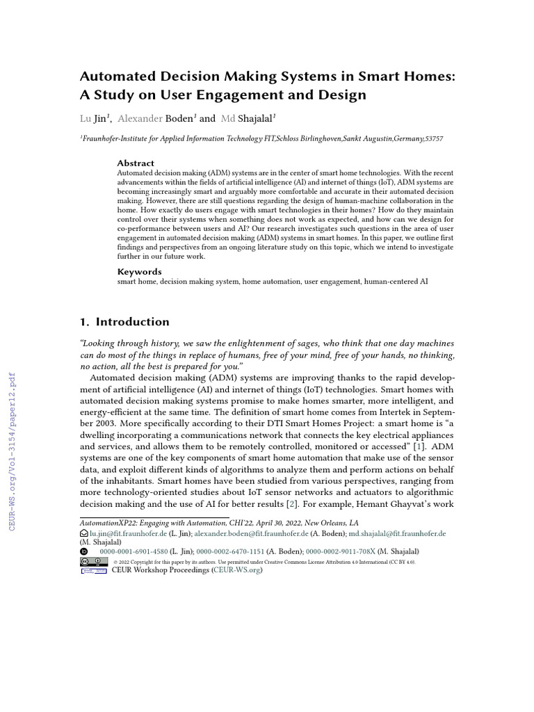 Automated Decision Making Systems in Smart Homes - AStudy On User ...