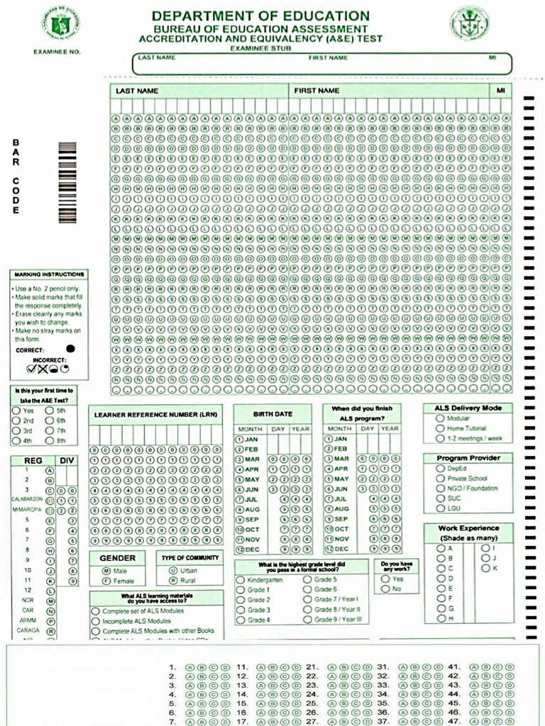 Sample of A and E Answer Sheet 1 | PDF