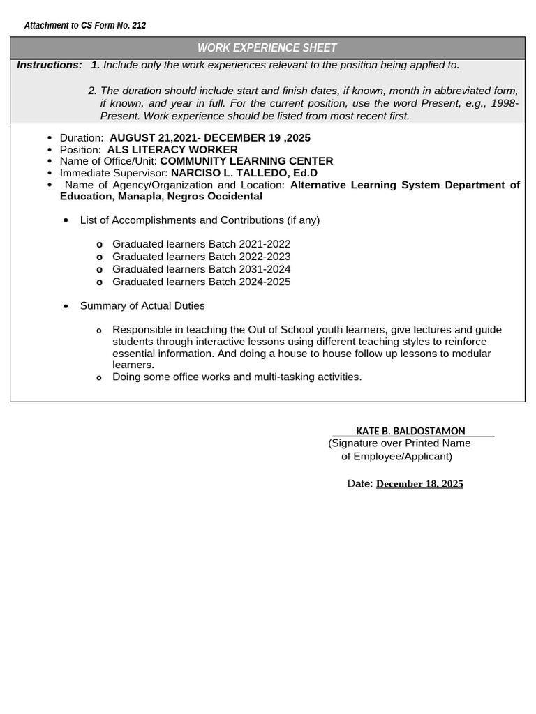 ANNEX H-2 - CS Form No. 212 Attachment - Work Experience Sheet | PDF