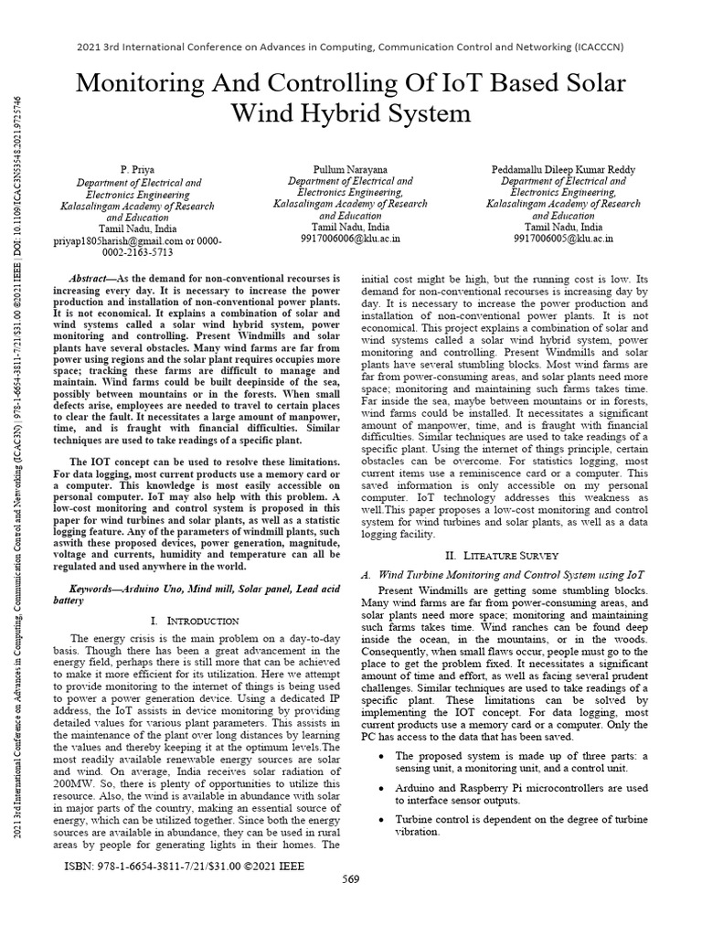 Monitoring and Controlling of IoT Based Solar Wind Hybrid System | PDF ...