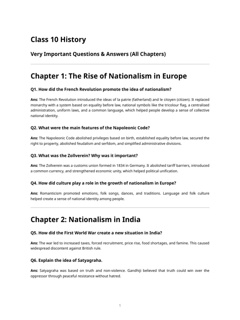 Class 10 History - Important Questions & Answers (All Chapters) | PDF ...