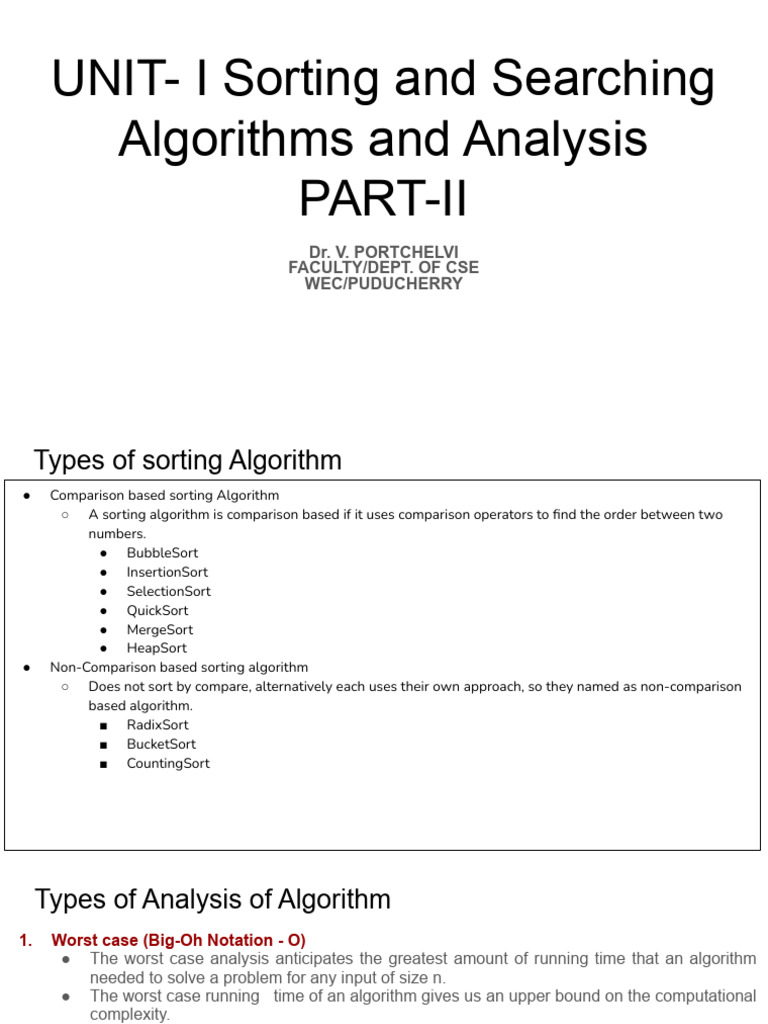 UNIT I - PART-II Sorting and Searching Algorithms and Analysis | PDF ...