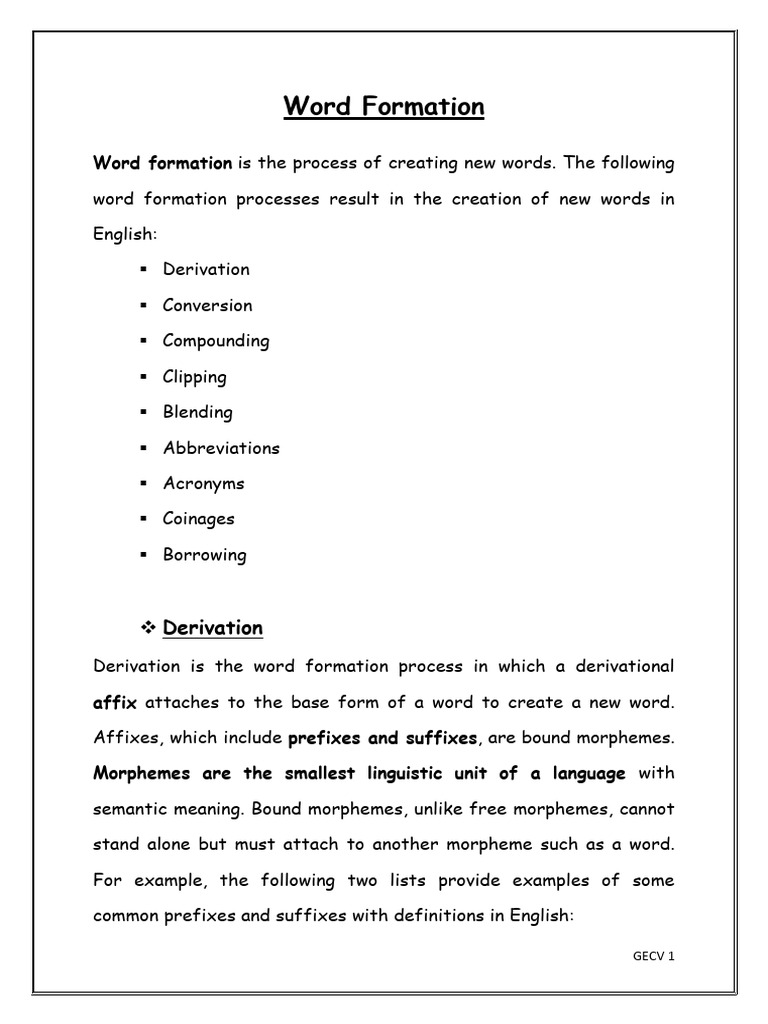 Word Formation Unit 1 | PDF | Word | Adjective