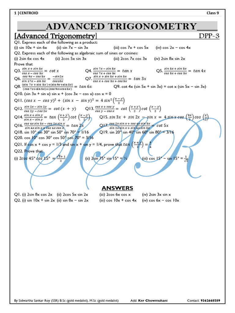 Advanced Trigonometry - Class 9 - DPP 3 | PDF | Trigonometric Functions ...