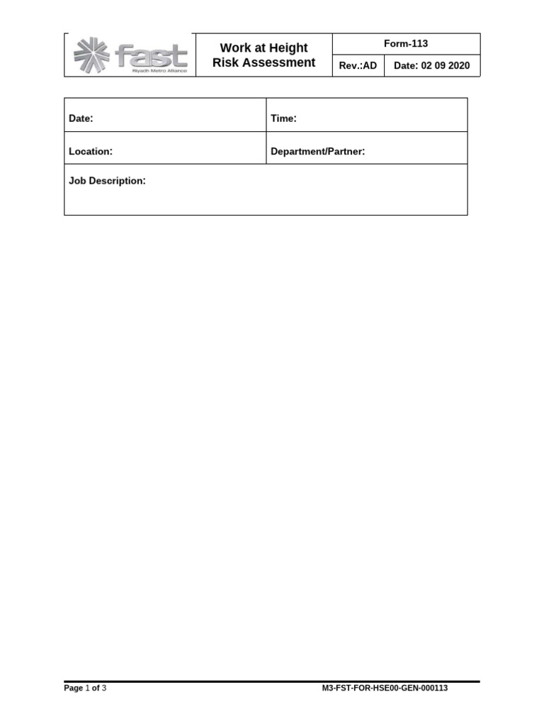 Form-113-Work at Heights Risk Assessment | PDF | Labor Relations | Risk