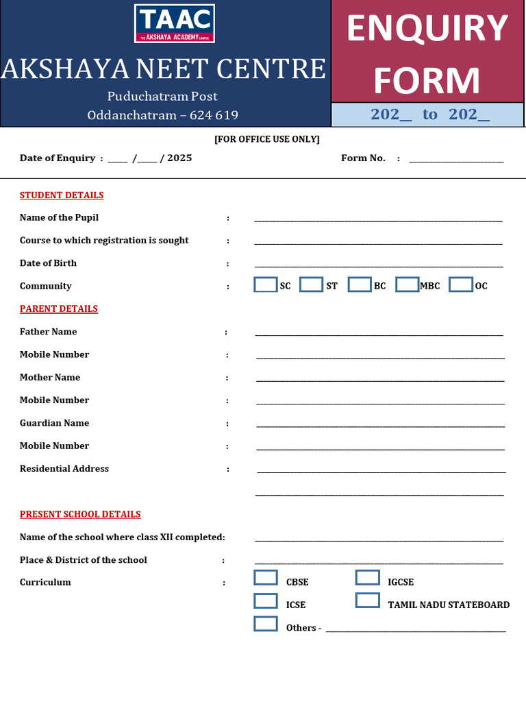 Enquiry Form For Admission - Long Term | PDF | Student Assessment And ...