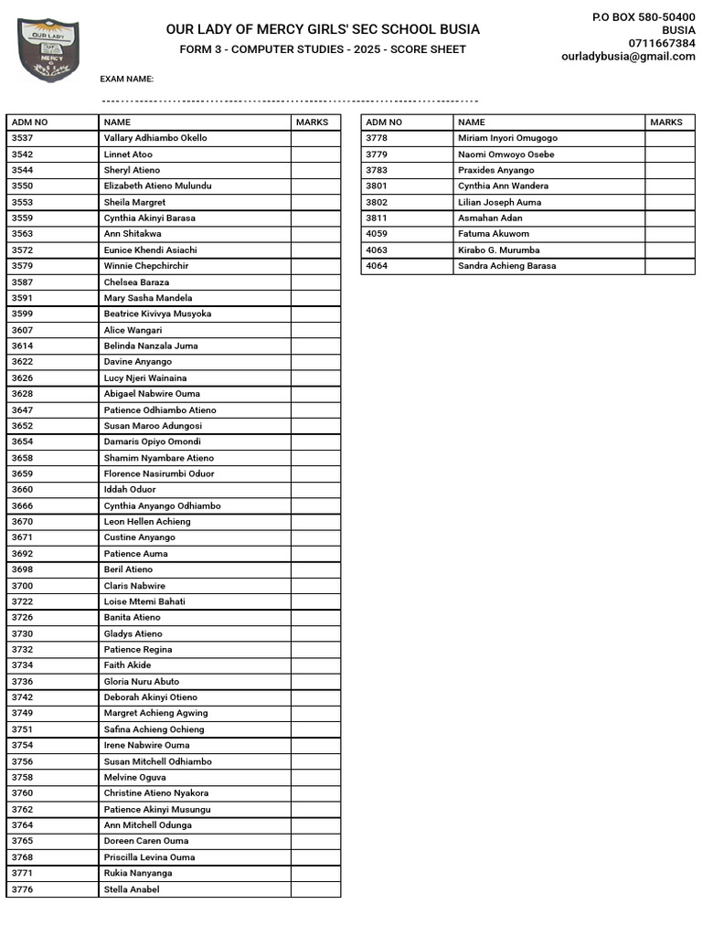 Form 3 - Computer Studies - 2025 - Score Sheet | PDF
