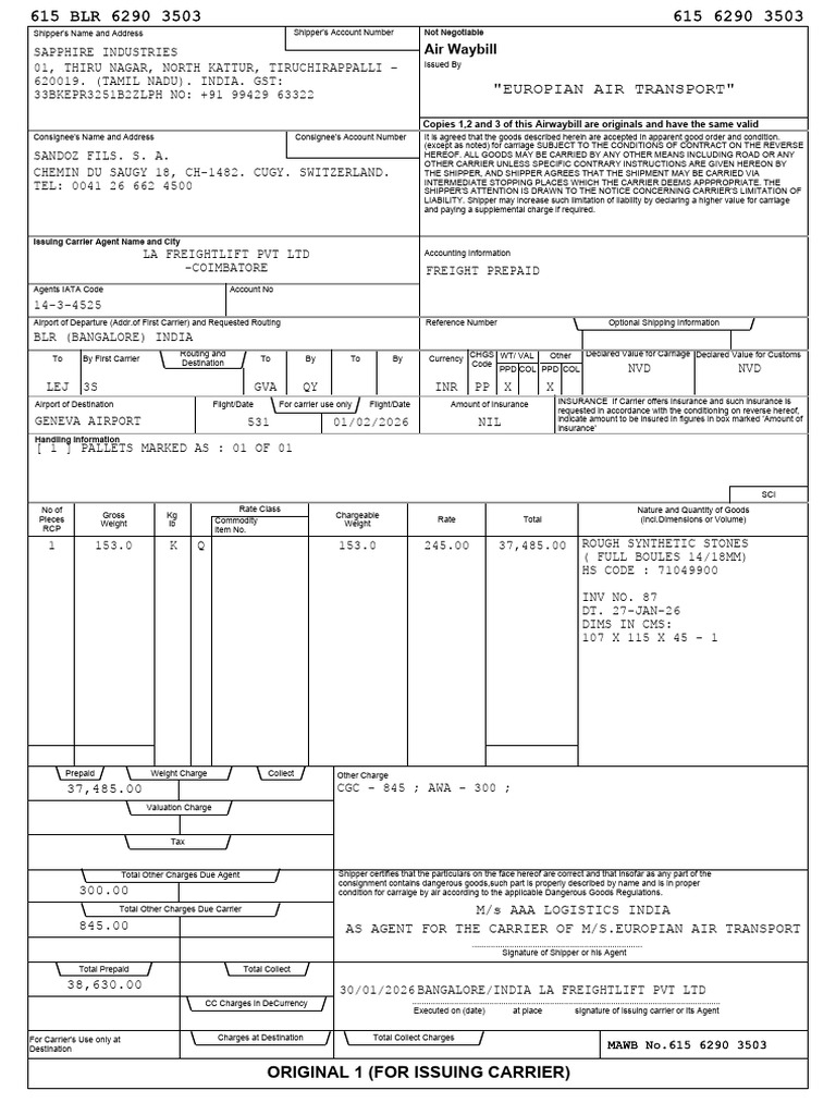 Draft - Awb - BLR - Gva - Airline | PDF