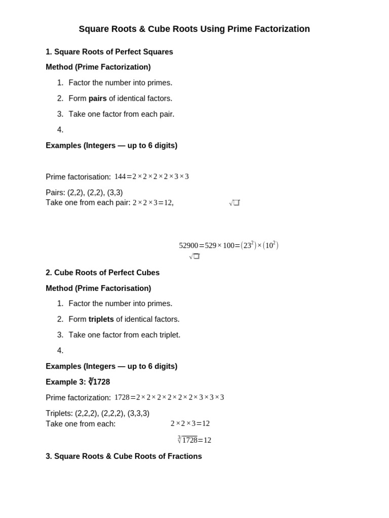 Square Roots & Cube Roots Using Prime Factorization | PDF | Square Root ...