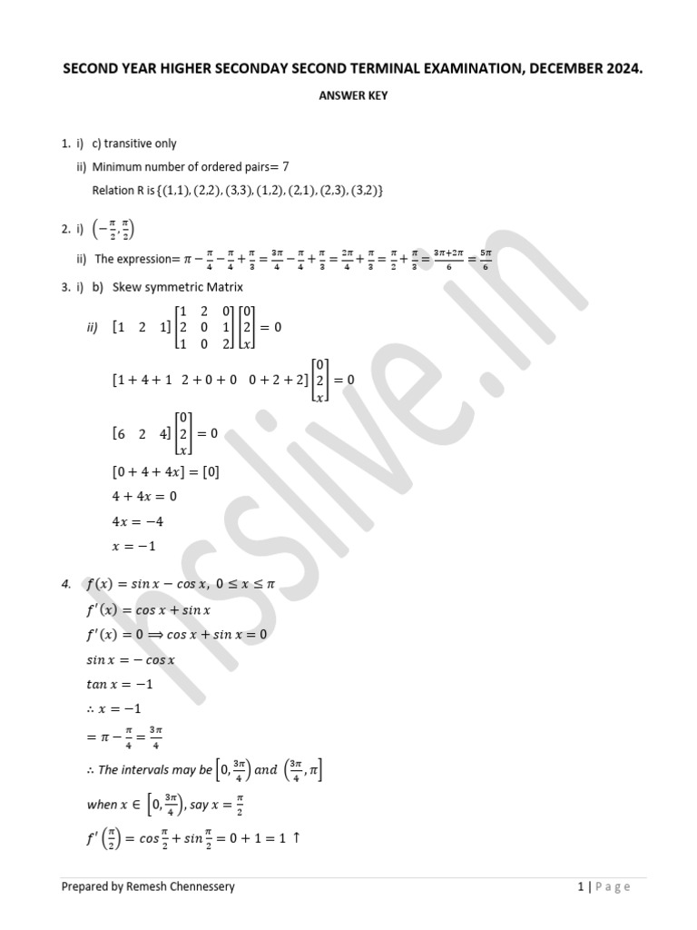 Hsslive Xii Maths Key Dec 2024 Ramesh | PDF | Linear Algebra | Algebra