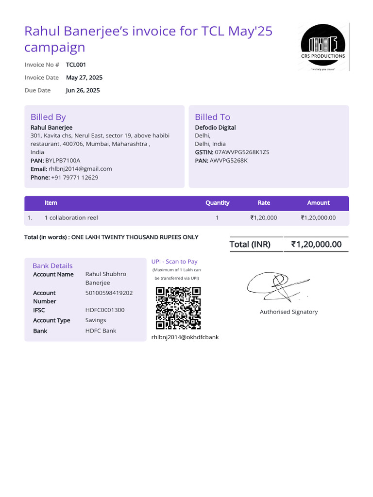Invoice Tcl001 Rahul Banerjee Defodio Digital | PDF